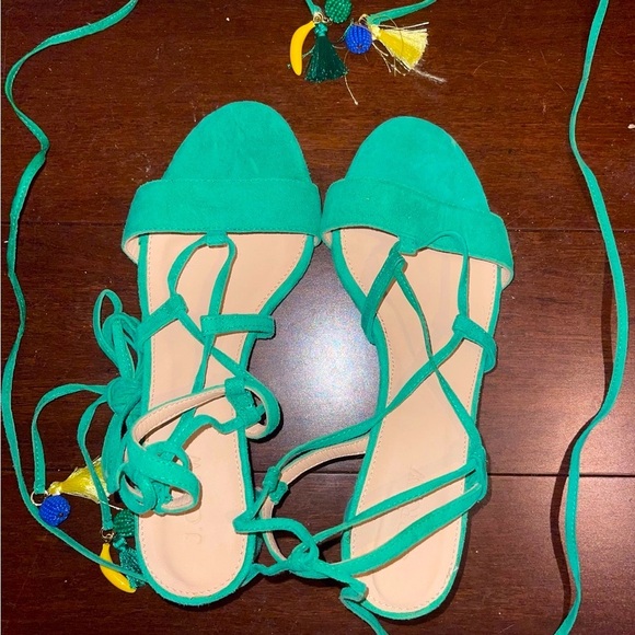 NWOT J CREW Green Strappy TIE SUEDE FRUITY BLOCK HEEL Women's Sandals 7 - Picture 1 of 9